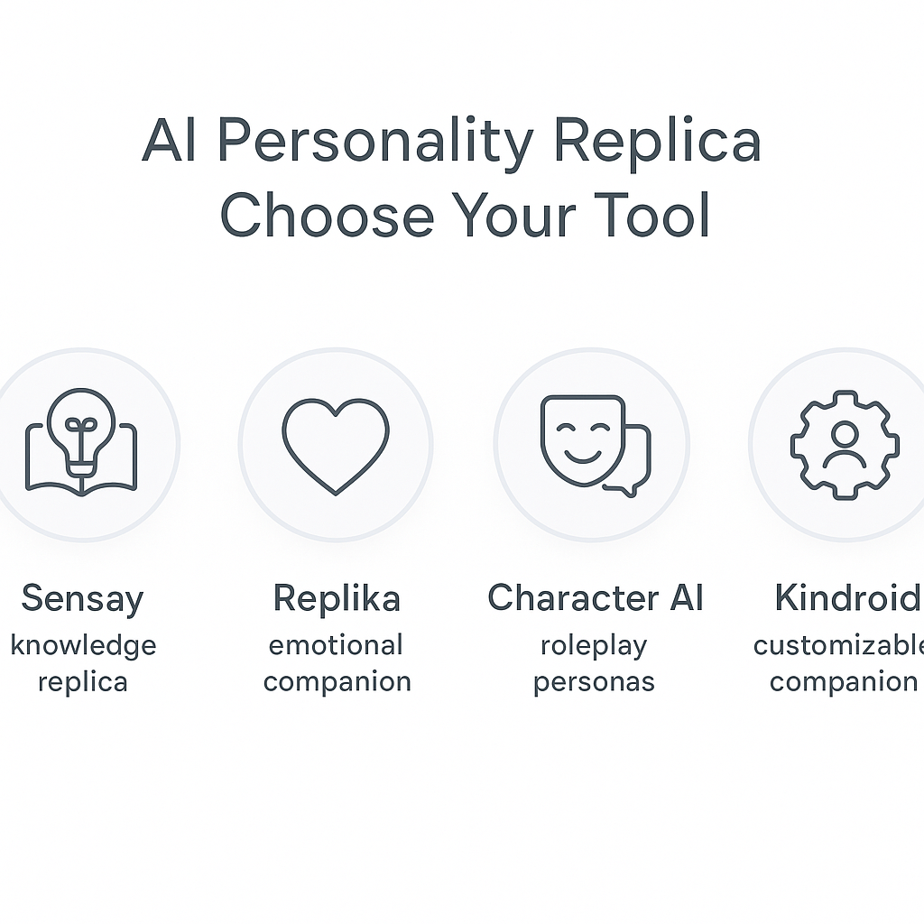 Minimalist infographic with title AI personality replica choose your tool top center and four labeled circles in a row center: Sensay knowledge replica, Replika emotional companion, Character AI roleplay personas, Kindroid customizable companion, all on a white background with simple icons and minimal words, no numbers.