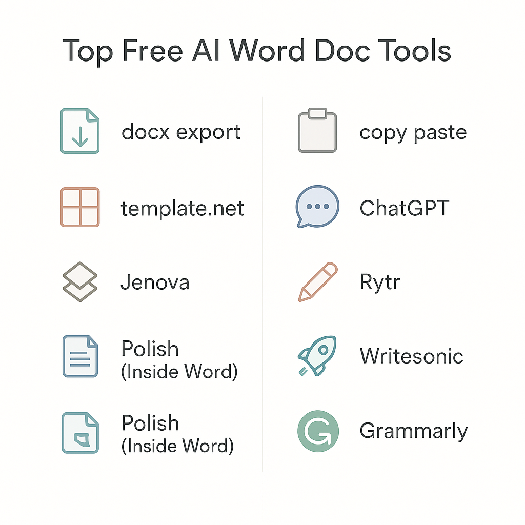 Minimalist infographic comparing AI apps for Word Docs: Top Free AI Word Doc Tools. Center left shows 'Docx Export Template.net Jenova', suggesting these directly export Word files. Right shows 'Copy Paste ChatGPT Rytr Writesonic Copy.ai', indicating these generate text to be manually pasted. Bottom indicates 'Polish Inside Word Grammarly', showcasing its function in editing content within Word. Clean icons, simple layout, white background, and muted colors.