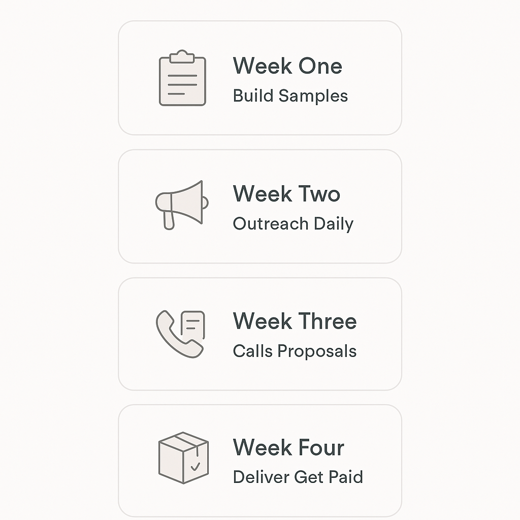 Minimal infographic: four horizontal blocks labeled Week One Build Samples; Week Two Outreach Daily; Week Three Calls Proposals; Week Four Deliver Get Paid. Centered text, white background, simple icons.