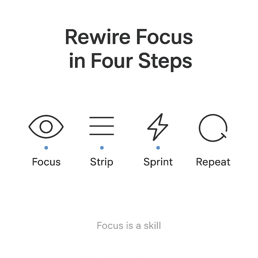 minimalist infographic on white background title Rewire Focus in Four Steps centered top icons in a row with short labels under each Focus Strip Sprint Repeat centered bottom small caption Focus is a skill clean sans serif minimal colors no extra text no numbers