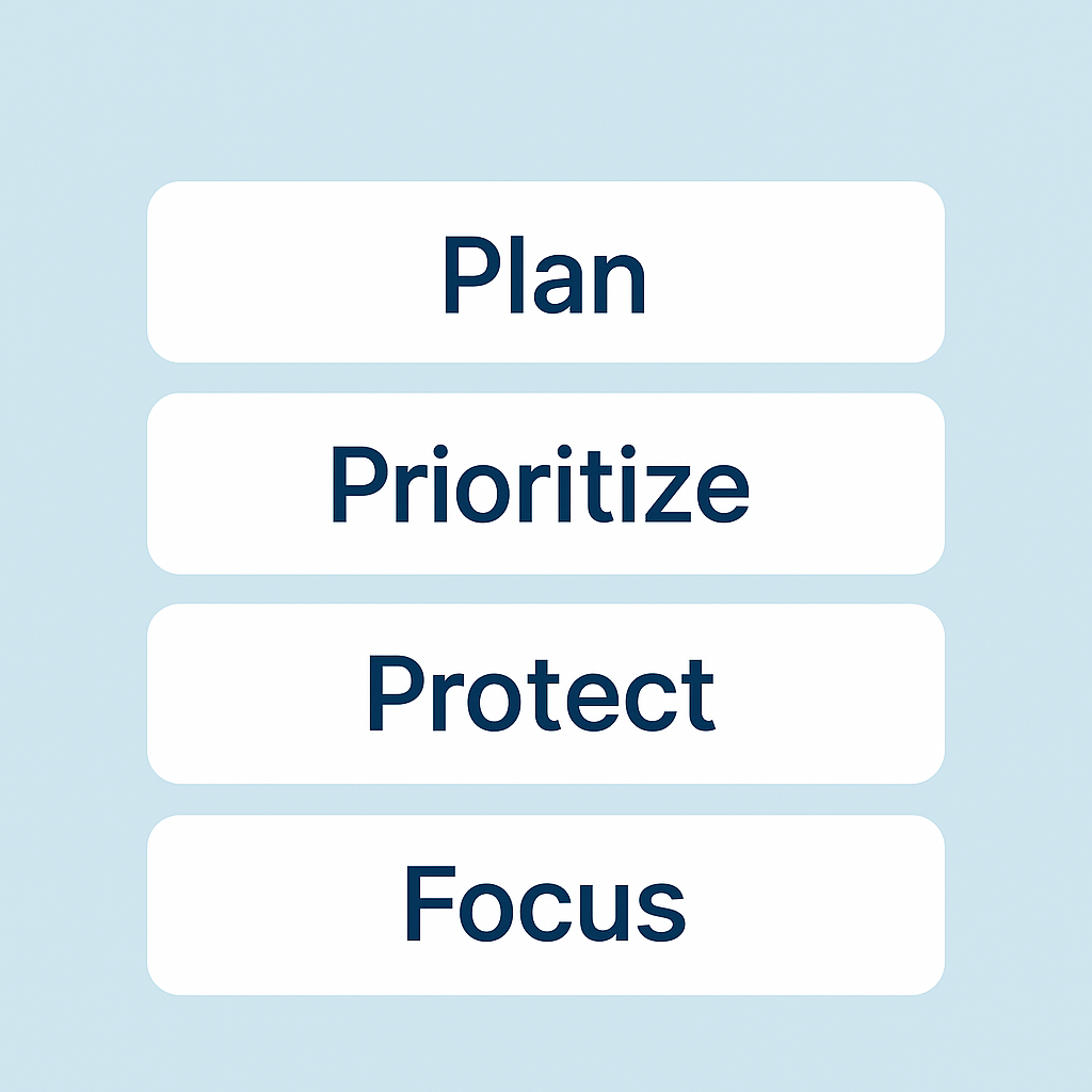 Minimalist infographic with three stacked horizontal bars labeled Plan, Prioritize, Protect Focus. Centered text only, muted blue background, clean sans serif, plenty of whitespace, no numbers, no extra text.